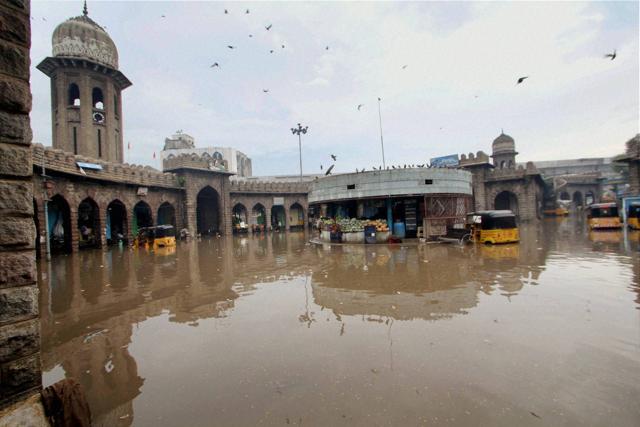 Flooded Moazzam Jahi Market after heavy rains in Hyderabad on Thursday. (PTI) Flooded Moazzam Jahi Market after heavy rains in Hyderabad on Thursday. (PTI)