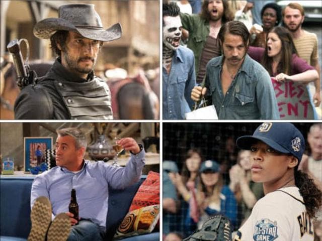 (Clockwise from left) Man with a Plan, Westworld, Quarry and Pitch