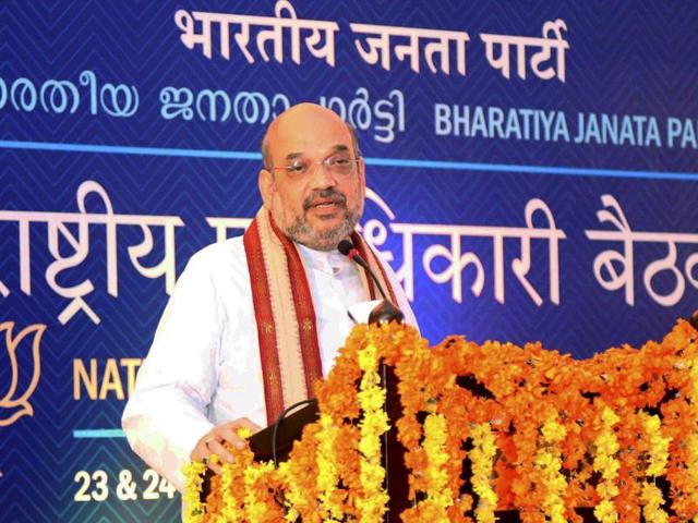 BJP National President Amit Shah speaks at the inauguration of the party's national council meeting in Kozhikode on Friday. (PTI) BJP National President Amit Shah speaks at the inauguration of the party's national council meeting in Kozhikode on Friday. (PTI)