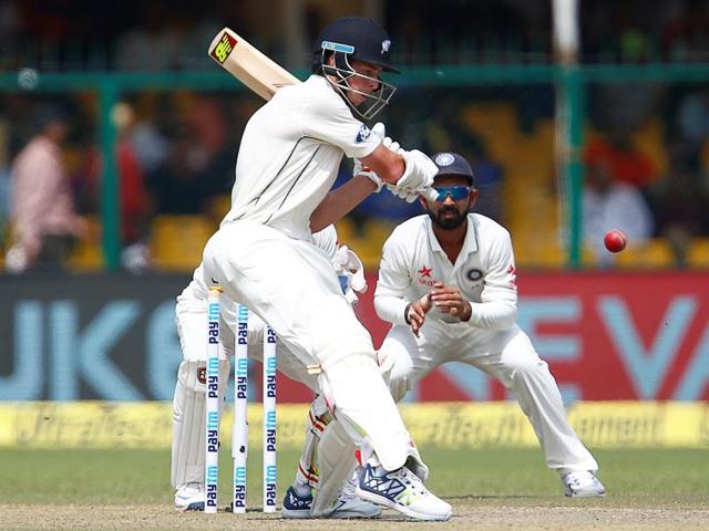 New Zealand's Mitchell Santner plays a shot. (REUTERS)