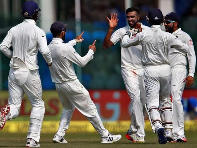 India's Ravichandran Ashwin celebrates with teammates after taking the wicket of Kane Williamson. (REUTERS)