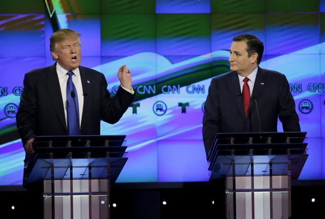 In this Feb 25, 2016 file photo, Sen Ted Cruz listens as Donald Trump speaks during a Republican presidential primary debate at The University of Houston in Houston. (AP) In this Feb 25, 2016 file photo, Sen Ted Cruz listens as Donald Trump speaks during a Republican presidential primary debate at The University of Houston in Houston. (AP)