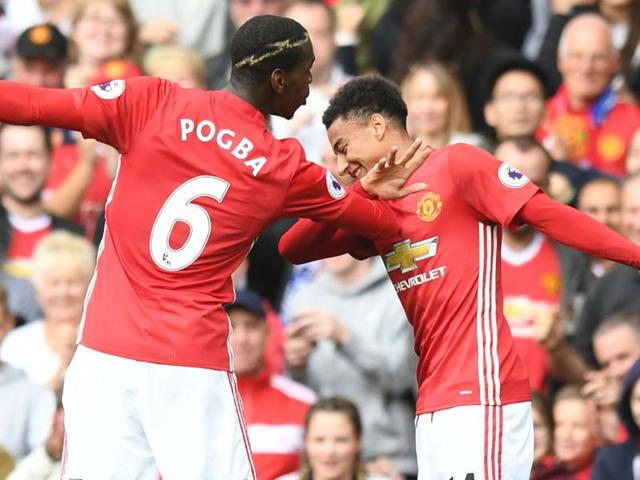 Manchester United's Chris Smalling celebrates scoring their first goal with Marcus Rashford.(REUTERS) Manchester United's Chris Smalling celebrates scoring their first goal with Marcus Rashford.(REUTERS)