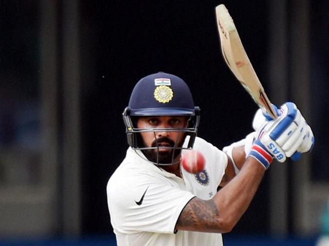 Murali Vijay plays a shot during India's second innings on the third day of the first Test match against New Zealand. (PTI photo)
