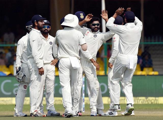 India R Ashwin celebrates the wicket of New Zealand's Tom Latham during the 3rd Day of first test match.(PTI Photo) India R Ashwin celebrates the wicket of New Zealand's Tom Latham during the 3rd Day of first test match.(PTI Photo)
