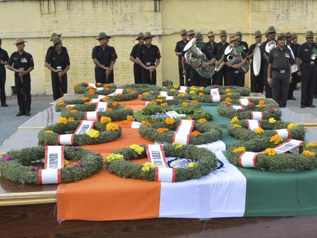 The bodies of six army jawans from eastern UP and Bihar reached the Lal Bahadur Shashtri international airport in Varanasi on September 19, 2016.These soldiers are among the 18 killed in a terror attack on an army base at Uri in Jammu and Kashmir on September 18, 2016. (Rajesh Kumar/HT Photo) The bodies of six army jawans from eastern UP and Bihar reached the Lal Bahadur Shashtri international airport in Varanasi on September 19, 2016.These soldiers are among the 18 killed in a terror attack on an army base at Uri in Jammu and Kashmir on September 18, 2016. (Rajesh Kumar/HT Photo)