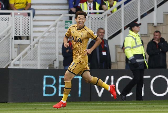 Tottenham's Son Heung-min celebrates scoring their first goal. (REUTERS) Tottenham's Son Heung-min celebrates scoring their first goal. (REUTERS)