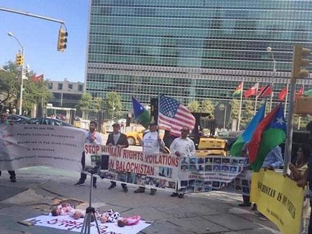 Free Balochistan Movement members hold a protest against Pakistan outside the UN headquarters in New York.(PTI File Photo) Free Balochistan Movement members hold a protest against Pakistan outside the UN headquarters in New York.(PTI File Photo)