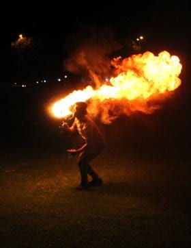 A boy practices for the fire show at Red Fort, Ramlila grounds. (SHIVAM SAXENA)