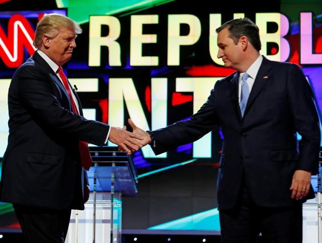 Donald Trump and Ted Cruz shake hands at the start of the Republican candidates debate sponsored by CNN at the University of Miami in Florida in March (Reuters file photo) Donald Trump and Ted Cruz shake hands at the start of the Republican candidates debate sponsored by CNN at the University of Miami in Florida in March (Reuters file photo)