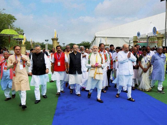 Prime Minister Narendra Modi and BJP national president Amit Shah with other party leaders at the BJP National Council in Kozhikode, Kerala.(PTI) Prime Minister Narendra Modi and BJP national president Amit Shah with other party leaders at the BJP National Council in Kozhikode, Kerala.(PTI)
