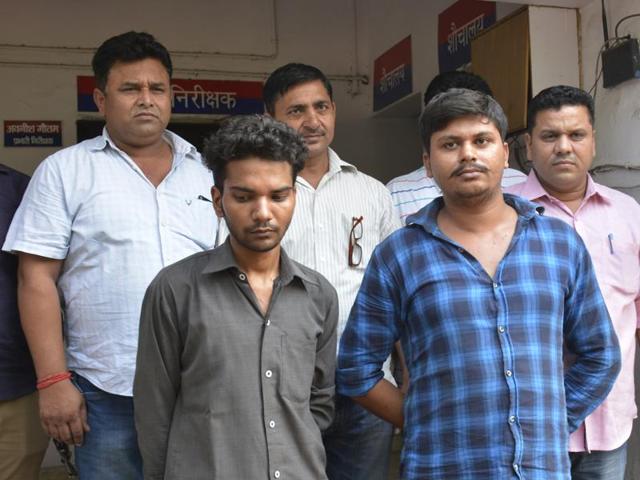 Police arrested Yogesh Singh Jatav alias Bacchi and Ashish Chauhan, and recovered a stolen car and a bike from them.(Sakib Ali/HT Photo)