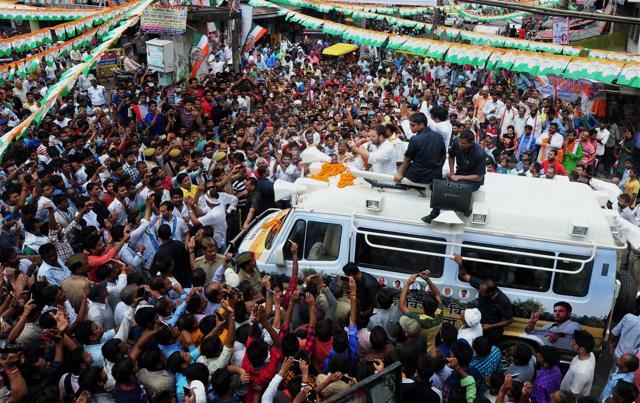 Rahul Gandhi addresses supporters at a road show during his Kisan Yatra in Allahabad. (PTI Photo) Rahul Gandhi addresses supporters at a road show during his Kisan Yatra in Allahabad. (PTI Photo)