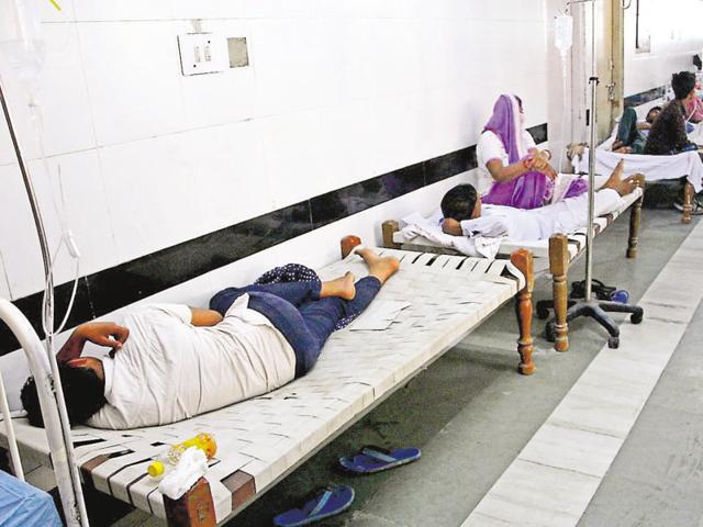 ‘Khats’ in a special ward set up at the Post Graduate Institute of Medical Sciences in Rohtak to accommodate patients of vector-borne diseases.(Manoj Dhaka/HT Photo) ‘Khats’ in a special ward set up at the Post Graduate Institute of Medical Sciences in Rohtak to accommodate patients of vector-borne diseases.(Manoj Dhaka/HT Photo)