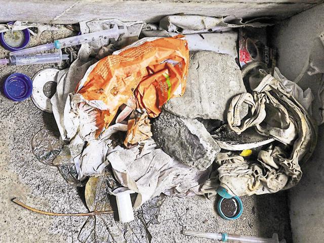Syringes in the toilet during the taekwondo championship at Guru Nanak Stadium in Ludhiana on Saturday. (Gurminder Singh/HT)