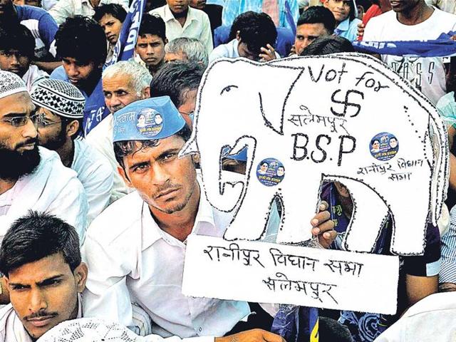 A supporter displays a cutout of the BSP symbol at party rally. With the Uttar Pradesh assembly elections early next year, its a heated battle among parties looking to cash in on the many vote banks.(File Photo)