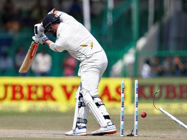 New Zealands's Mark Craig is bowled by India's Mohammed Shami. (REUTERS)