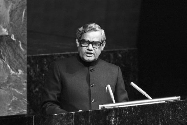 Atal Bihari Vajpayee, then minister for foreign affairs, seen addressing the Assembly on October 4, 1977. (UN Photo/Saw Lwin ) Atal Bihari Vajpayee, then minister for foreign affairs, seen addressing the Assembly on October 4, 1977. (UN Photo/Saw Lwin )