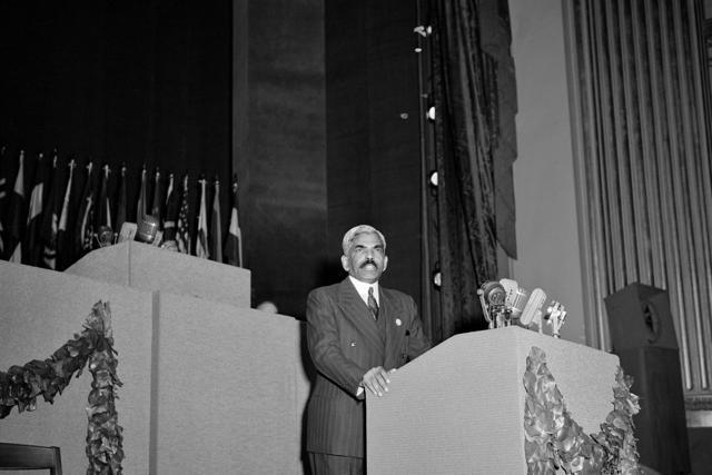 Sir A Ramaswami Mudaliar, leader of the delegation from India, addresses the San Francisco Conference at the third plenary session, April 28, 1945. (UN Photo) Sir A Ramaswami Mudaliar, leader of the delegation from India, addresses the San Francisco Conference at the third plenary session, April 28, 1945. (UN Photo)