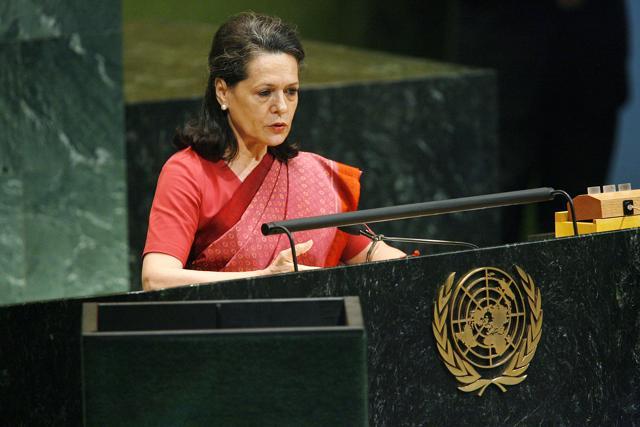 Sonia Gandhi, chairperson of the United Progressive Alliance (UPA), addresses the informal General Assembly plenary meeting on the first observance of the International Day of Non-Violence, at UN Headquarters in New York on October 2, 2007. (UN Photo/Marco Castro ) Sonia Gandhi, chairperson of the United Progressive Alliance (UPA), addresses the informal General Assembly plenary meeting on the first observance of the International Day of Non-Violence, at UN Headquarters in New York on October 2, 2007. (UN Photo/Marco Castro )