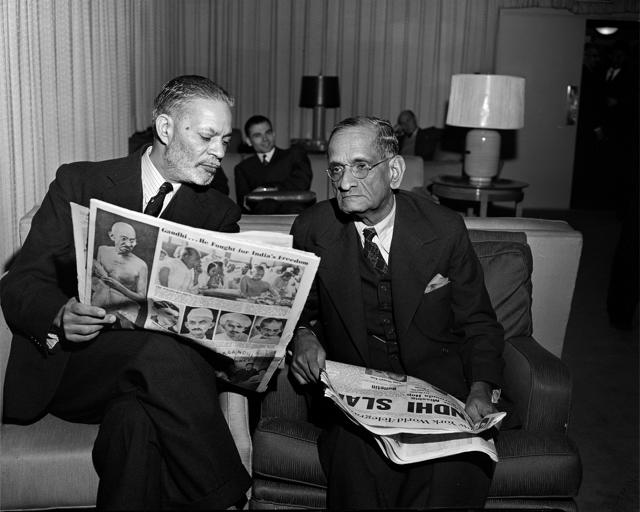 Representatives of India and Pakistan read news of Gandhi’s assassination on January 30, 1947 (UN Photo) Representatives of India and Pakistan read news of Gandhi’s assassination on January 30, 1947 (UN Photo)