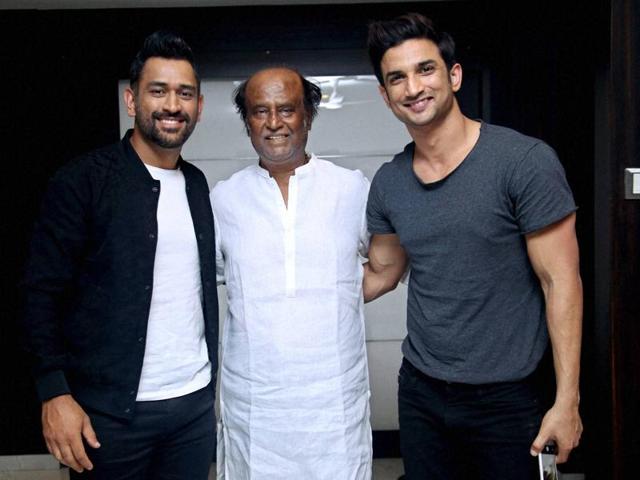 Cricketer Mahendra Singh Dhoni with Bollywood actor Sushant Singh Rajput and super star Rajinikanth at a promotional event in Chennai. (PTI Photo) Cricketer Mahendra Singh Dhoni with Bollywood actor Sushant Singh Rajput and super star Rajinikanth at a promotional event in Chennai. (PTI Photo)