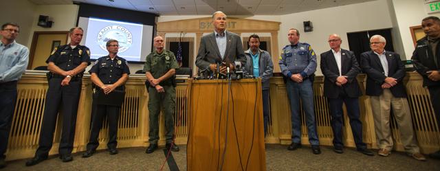 Washington governor Jay Inslee, flanked by local law enforcement that worked together to detain Arcan Cetin. (AP) Washington governor Jay Inslee, flanked by local law enforcement that worked together to detain Arcan Cetin. (AP)