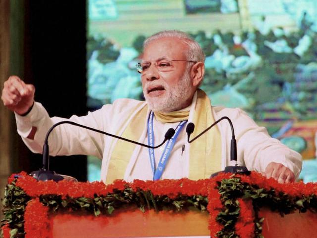Prime Minister Narendra Modi addresses during BJP's national council meeting at Kozhikode on Sunday.(PTI) Prime Minister Narendra Modi addresses during BJP's national council meeting at Kozhikode on Sunday.(PTI)