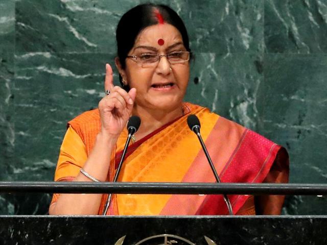 Union external affairs minister Sushma Swaraj speaks during the 71st session of the United Nations General Assembly at the UN headquarters in New York.(AP)