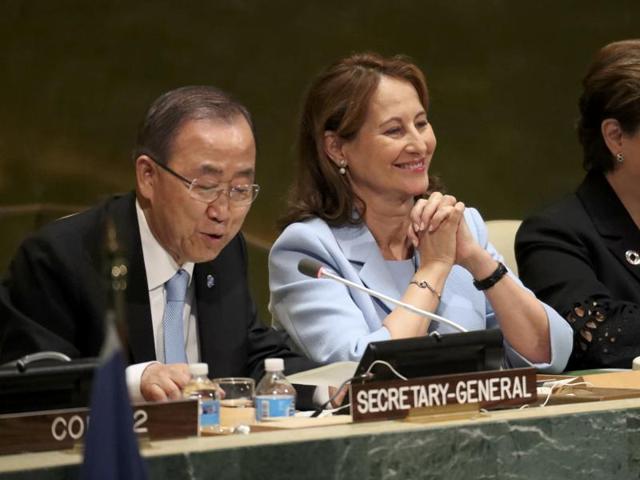French minister for environment Segolene Royal, centre, looks on as UN Secretary General Ban Ki-moon concludes a meeting on the Paris Agreement at United Nations headquarters.(Reuters FIle Photo)