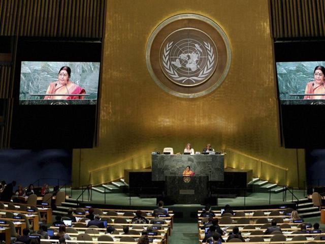 Sushma Swaraj speaks during the 71st session of the United Nations General Assembly at UN headquarters.(AP Photo)