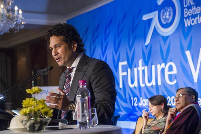 Sachin Tendulkar, cricketer and UNICEF Goodwill Ambassador, speaks at the launch of UN@70 on January 12, 2015, a year of activities which will celebrate the Organization’s seventieth anniversary. The special event, coinciding with India’s National Youth Day, was aptly themed: “yoUNg@70”. (UN Photo/Mark Garten) Sachin Tendulkar, cricketer and UNICEF Goodwill Ambassador, speaks at the launch of UN@70 on January 12, 2015, a year of activities which will celebrate the Organization’s seventieth anniversary. The special event, coinciding with India’s National Youth Day, was aptly themed: “yoUNg@70”. (UN Photo/Mark Garten)