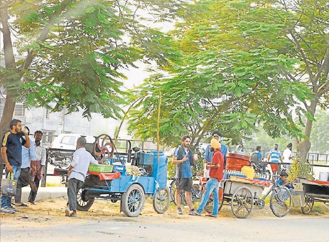 Street vendors on the Airport Road on Monday.(HT Photo) Street vendors on the Airport Road on Monday.(HT Photo)