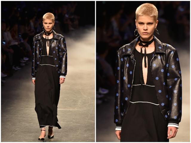 The show also featured rock/chic looks with leather jackets, once again finished with spots. (AFP) The show also featured rock/chic looks with leather jackets, once again finished with spots. (AFP)