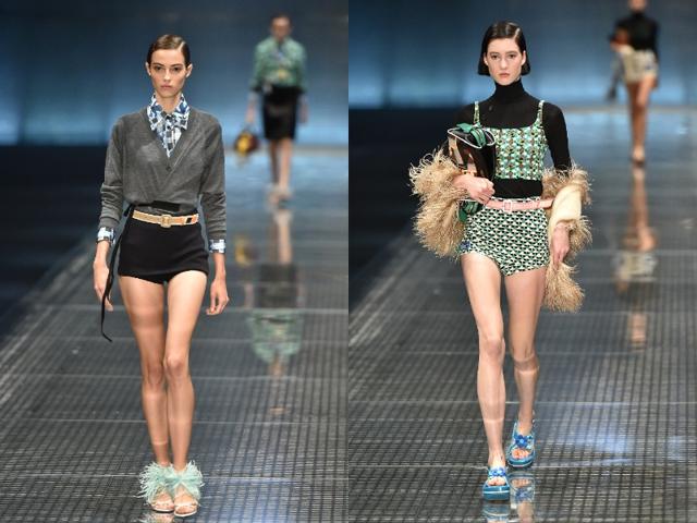 Prada went retro with tight patterned shorts and crop tops worn over long-sleeved turtle-neck tops. It brought its sober yet eccentric style to the runway with impeccably cut shirts rocking the label’s beloved pattern prints. (AFP) Prada went retro with tight patterned shorts and crop tops worn over long-sleeved turtle-neck tops. It brought its sober yet eccentric style to the runway with impeccably cut shirts rocking the label’s beloved pattern prints. (AFP)