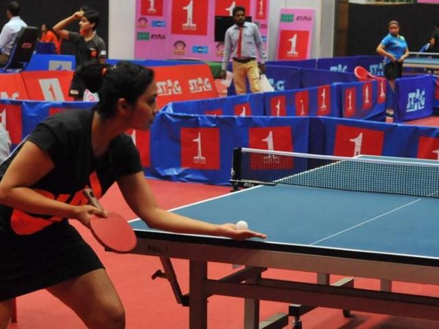 Paddlers in action on the first day of national table tennis tourney at Abhay Prashal in Indore on Monday.(Shankar Mourya/ HT Photo) Paddlers in action on the first day of national table tennis tourney at Abhay Prashal in Indore on Monday.(Shankar Mourya/ HT Photo)