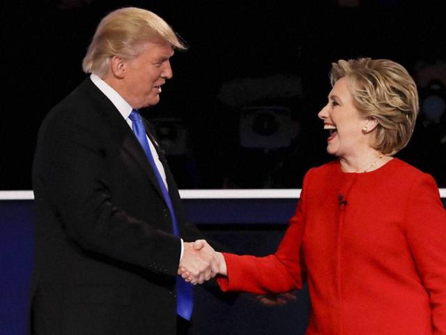Republican presidential nominee Donald Trump shakes hands with Democratic presidential nominee Hillary Clinton after a debate at Hofstra University in Hempstead.(AP) Republican presidential nominee Donald Trump shakes hands with Democratic presidential nominee Hillary Clinton after a debate at Hofstra University in Hempstead.(AP)