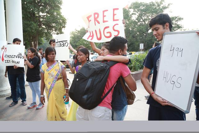 The count of hugs received by the acid attack survivors went from zero to 690 in just one hour! (AMAL KS/HT)