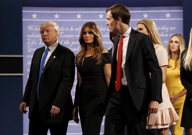 Republican US presidential nominee Donald Trump accompanied by his relatives, including his wife Melania (2nd from left) at the conclusion of the first debate. (Reuters Photo) Republican US presidential nominee Donald Trump accompanied by his relatives, including his wife Melania (2nd from left) at the conclusion of the first debate. (Reuters Photo)