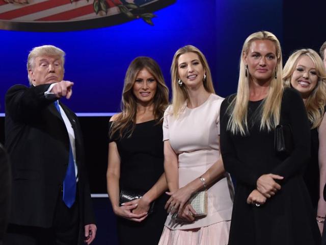 (From left) Republican nominee Donald Trump, Melania Trump, Ivanka Trump, Donald Trump Jr.'s wife Vanessa Trump look on from the stage after the first presidential debate. (AFP Photo)