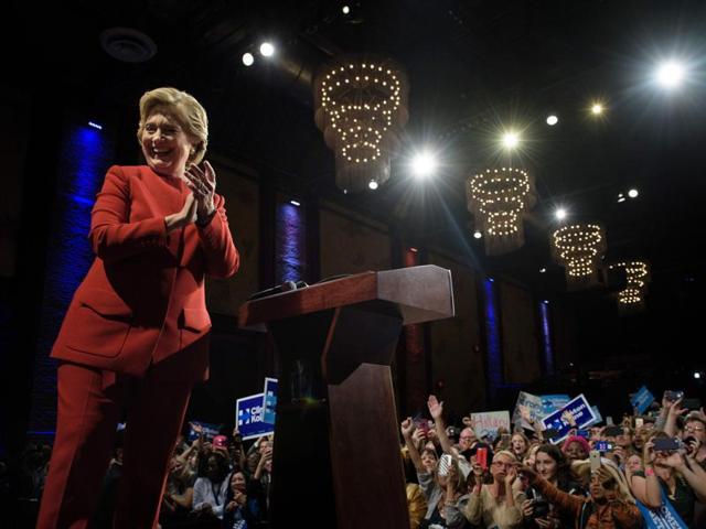 Hillary Clinton claps after speaking to supporters at The Space at Westbury. (AFP Photo)