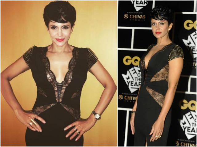 Mandira Bedi has a figure to die for. She wore a black dress with lacework and a plunging neckline.