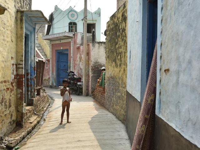 A boy stands on a narrow lane in Bisada village.(Ravi Choudhary/HT PHOTO)