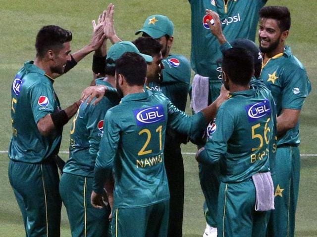 Pakistan's players celebrate taking a wicket during the third T20 International match against West Indies. (AFP Photo) Pakistan's players celebrate taking a wicket during the third T20 International match against West Indies. (AFP Photo)