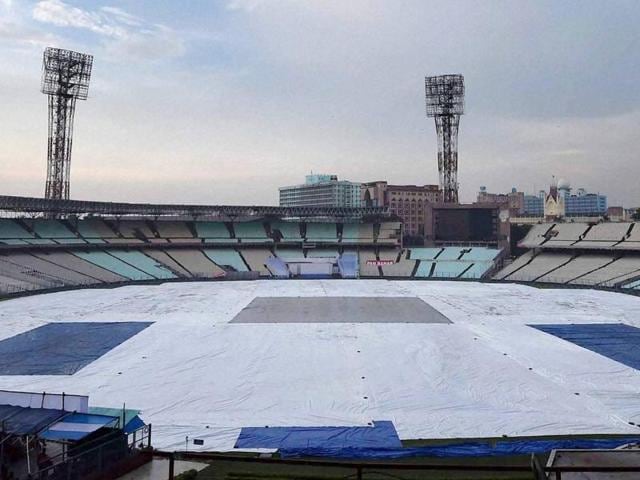 The Eden Gardens covered up in the view of occasional rains in Kolkata.(PTI Photo)