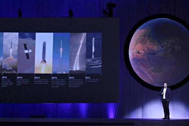 SpaceX CEO Elon Musk unveils his plans to colonize Mars during the International Astronautical Congress in Guadalajara, Mexico. (Reuters) SpaceX CEO Elon Musk unveils his plans to colonize Mars during the International Astronautical Congress in Guadalajara, Mexico. (Reuters)