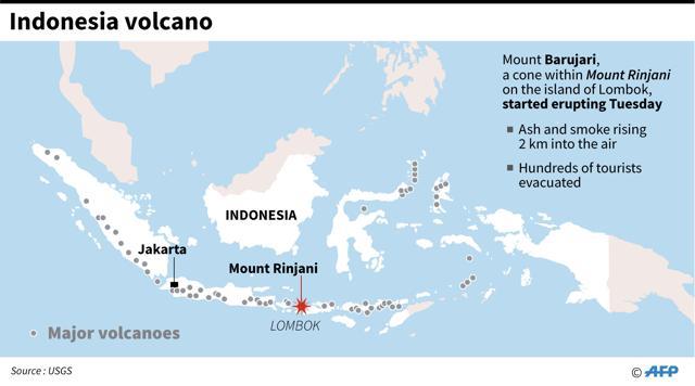 Map locating Mount Barujari on the Indonesian island of Lombok, which began erupting on Tuesday. (AFP) Map locating Mount Barujari on the Indonesian island of Lombok, which began erupting on Tuesday. (AFP)