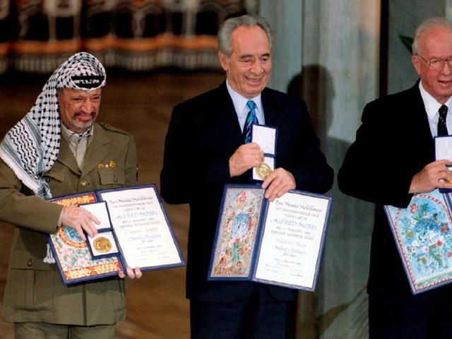 Peres shared the Nobel with Yasser Arafat and Yitzhak Rabin.(REUTERS FILE) Peres shared the Nobel with Yasser Arafat and Yitzhak Rabin.(REUTERS FILE)