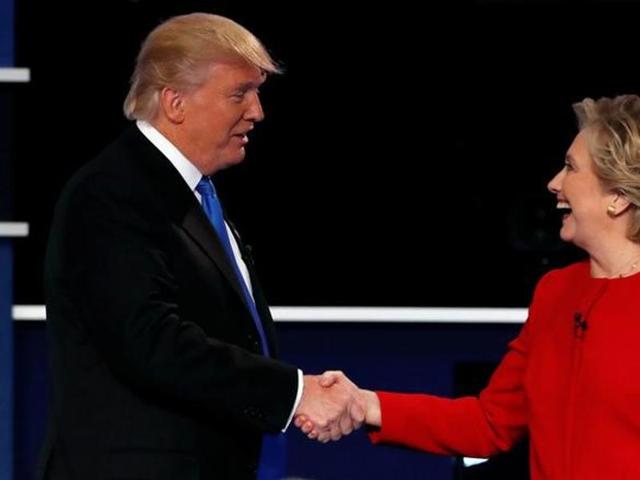 Donald Trump and Hillary Clinton shake hands at the end of their first presidential debate at Hofstra University in Hempstead. (Reuters) Donald Trump and Hillary Clinton shake hands at the end of their first presidential debate at Hofstra University in Hempstead. (Reuters)