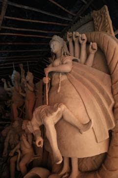 This Durga idol is created in Rajasthani-theme, by artists in the Kali Bari Mandir complex in CR Park. (Zabeeh Afaque/ HT Photo)